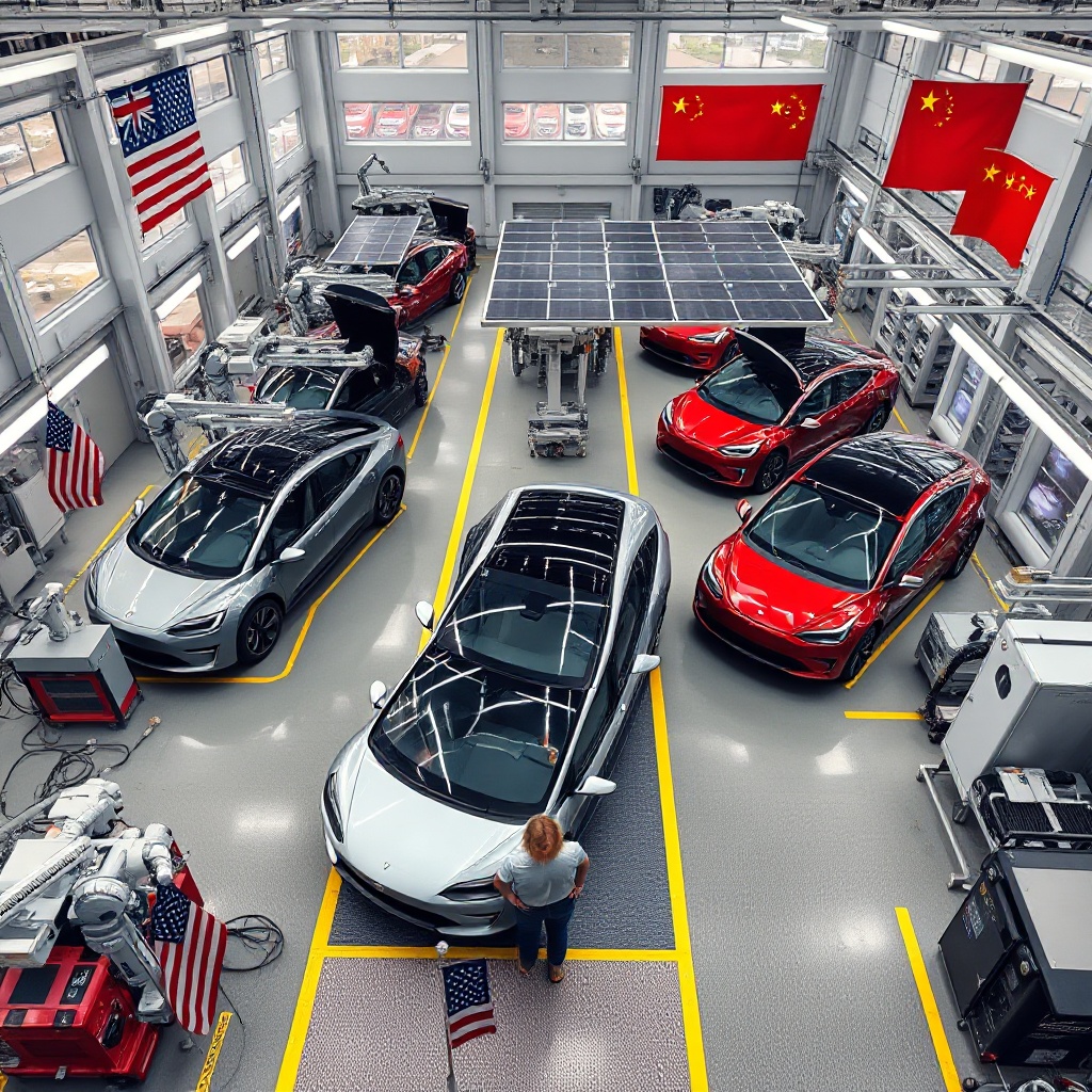 An aerial view of a modern EV manufacturing facility with Lucid, Rivian and Tesla vehicles being assembled on separate production lines, showing advanced robotics and sustainability features like solar panels on the roof, with the American flag visible in the foreground and Chinese EV brands visible through windows in the background, symbolizing the competitive global landscape.