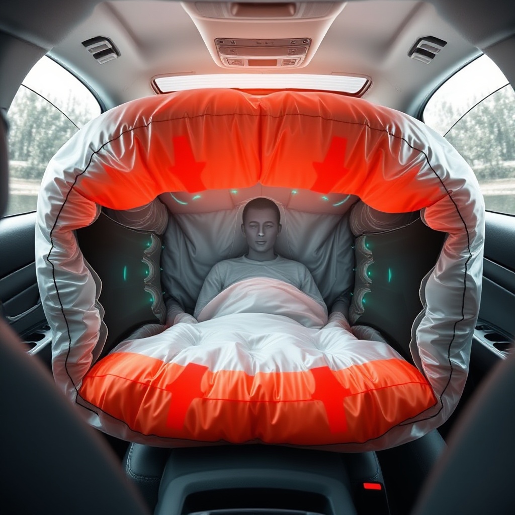 A close-up of a cutting-edge multi-stage airbag mid-deployment inside a modern vehicle cabin, showing its three-dimensional expansion pattern with visible layers inflating to different levels. The airbag appears to be adapting to the occupant's position with sensors visible in the background.