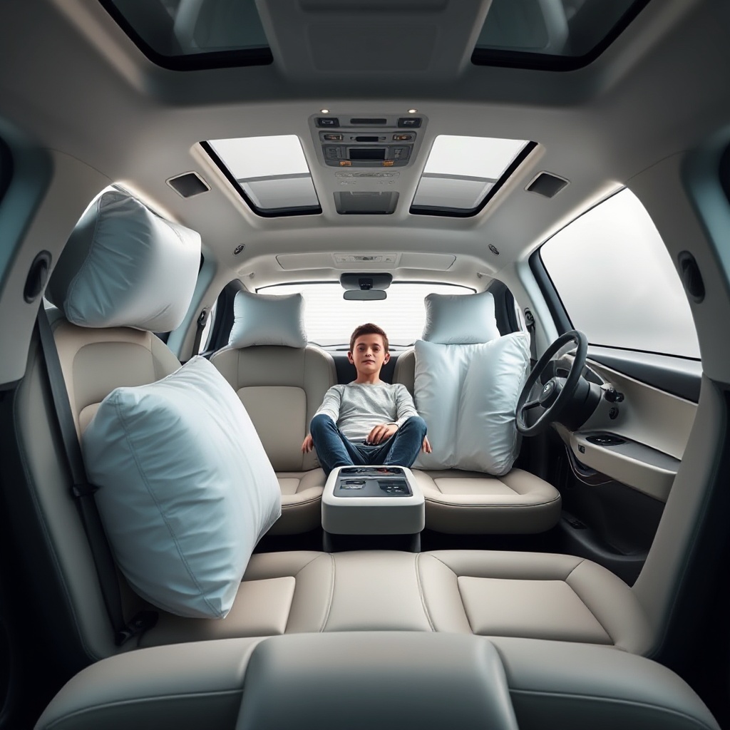 An autonomous vehicle interior with specialized airbags integrated into non-traditional seating positions. The cabin shows relaxed, lounge-like seating with airbag modules visible in the seats, side panels, and central console, illustrating the 360-degree protection approach for future mobility concepts.