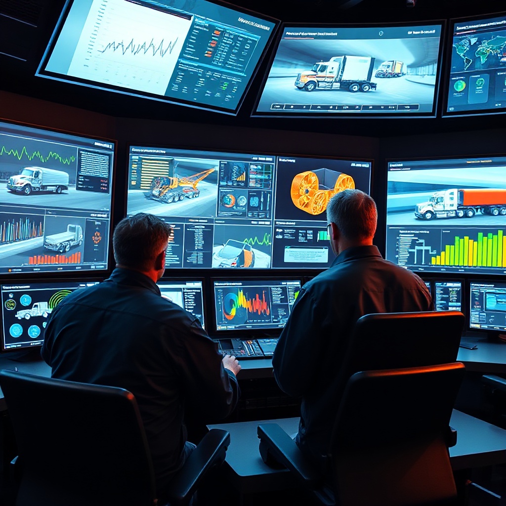 A high-tech fleet management control center with multiple large screens displaying real-time data analytics, vehicle diagnostics, and digital twin simulations of commercial trucks. Fleet managers are analyzing the information on interactive touchscreens with colorful data visualizations showing vehicle health metrics.