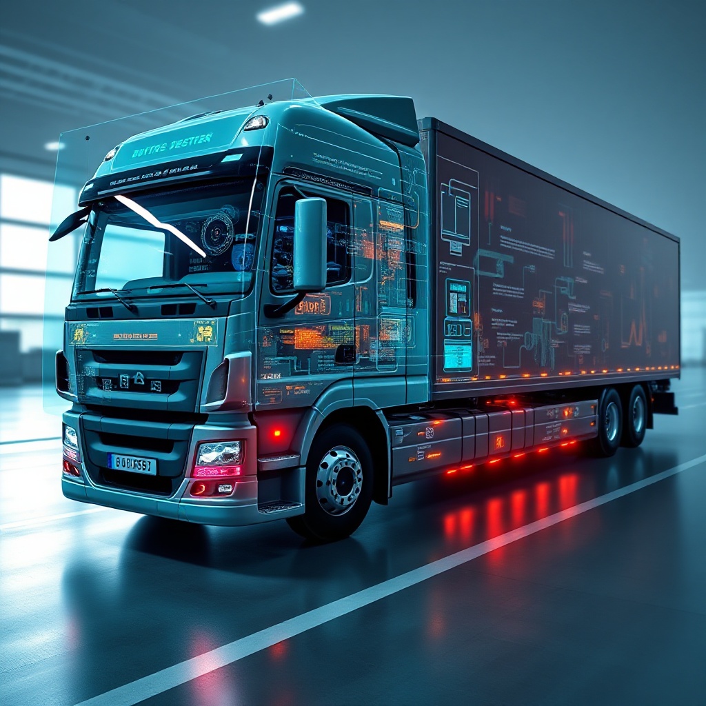 A commercial transport vehicle with an overlay of digital twin technology visualization - showing a semi-transparent digital layer over the physical truck that highlights various systems in different colors, with predictive alerts visible for components that may require maintenance.