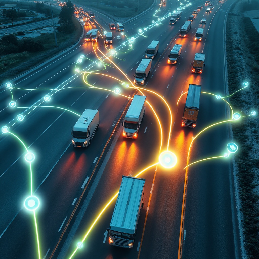A bird's-eye view of multiple commercial vehicles on highways with visible AI-optimized routes shown as glowing lines connecting destinations, with real-time data streams flowing from each vehicle to a central cloud system, illustrating the connected nature of modern fleet intelligence systems.