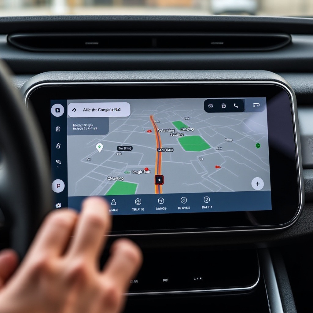 A close-up shot of a Rivian vehicle's dashboard display showing the custom Google Maps navigation interface. The screen displays a route with highlighted charging stations, range estimates, and traffic information. The Rivian-designed interface should be visibly different from standard Google Maps, featuring the brand's unique aesthetic while maintaining Google's mapping capabilities.
