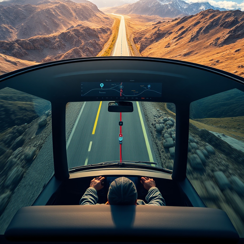 An aerial perspective of a Rivian electric truck driving along a scenic mountain road with navigation visible through the vehicle's panoramic glass roof. The navigation system can be seen plotting the route ahead with charging stations marked along the journey, demonstrating how the system works in a real-world driving scenario.