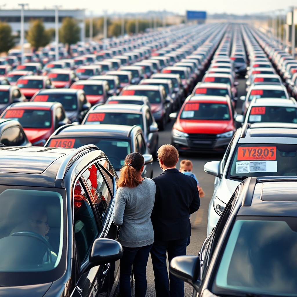 A busy car dealership lot with rows of new vehicles stretching into the distance, price tags visible on windshields, with a salesperson talking to a couple looking at the sticker price of a midsize SUV in the foreground, showing the contrast between listed prices and negotiation reality.