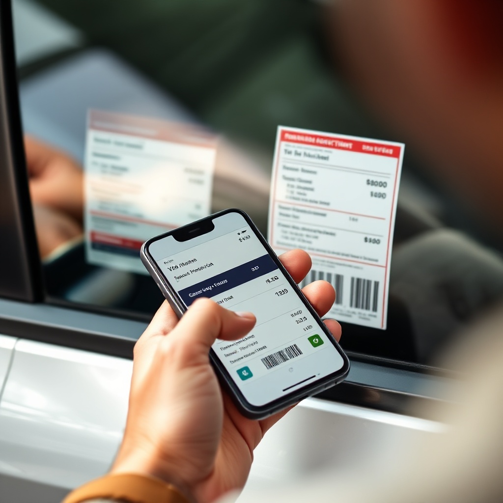 A close-up shot of a car buyer's hand holding a smartphone displaying pricing information and incentive offers while comparing it to the window sticker of a new vehicle, illustrating the research and negotiation process in today's market.
