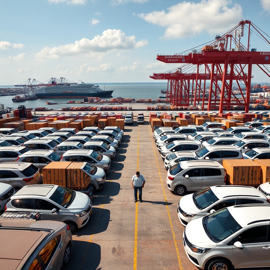 A panoramic view of a port facility with hundreds of newly imported vehicles waiting to be distributed to dealerships, with ships in the background delivering more inventory, visually representing the growing supply that's changing market dynamics.