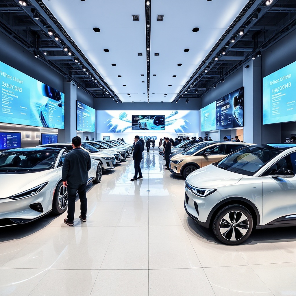 A wide-angle shot of a modern Chinese electric vehicle showroom displaying sleek, futuristic EV models from brands like BYD and MG, with digital displays showing technical specifications and pricing information. The showroom features contemporary design elements and several customers examining the vehicles, capturing the growing consumer interest in Chinese electric vehicles entering global markets.