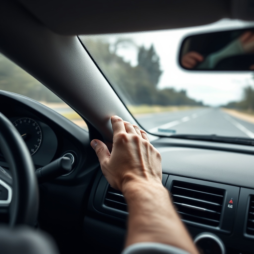 A close-up shot of a driver's hand reaching for physical climate control knobs and buttons on a car dashboard, with the road visible through the windshield, demonstrating the intuitive nature of tactile controls while driving.