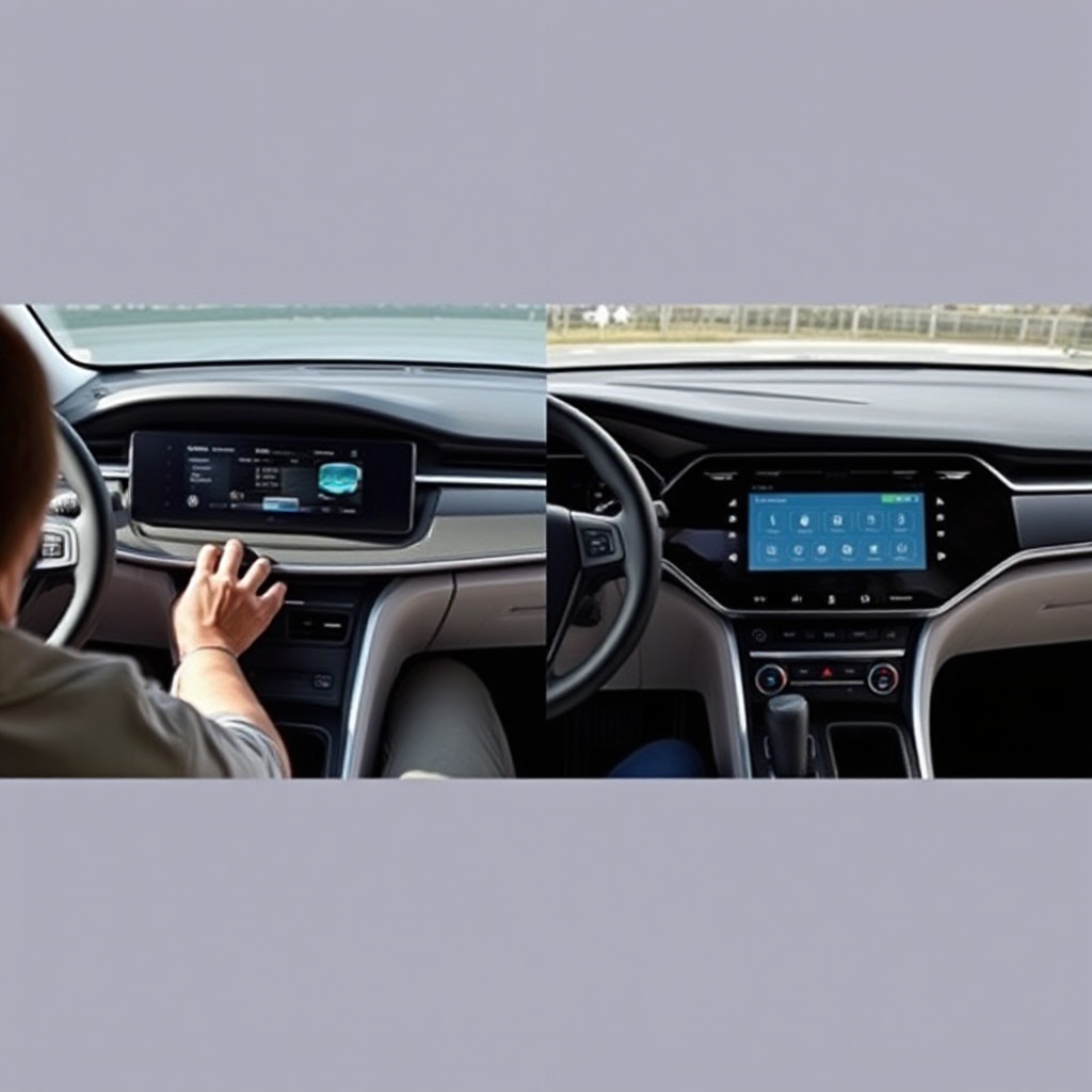 A split-screen comparison showing two car interiors side-by-side - one with an enormous touchscreen dominating the dashboard with minimal physical buttons, and another with a balanced design featuring a moderate-sized screen complemented by well-organized physical controls for essential functions.