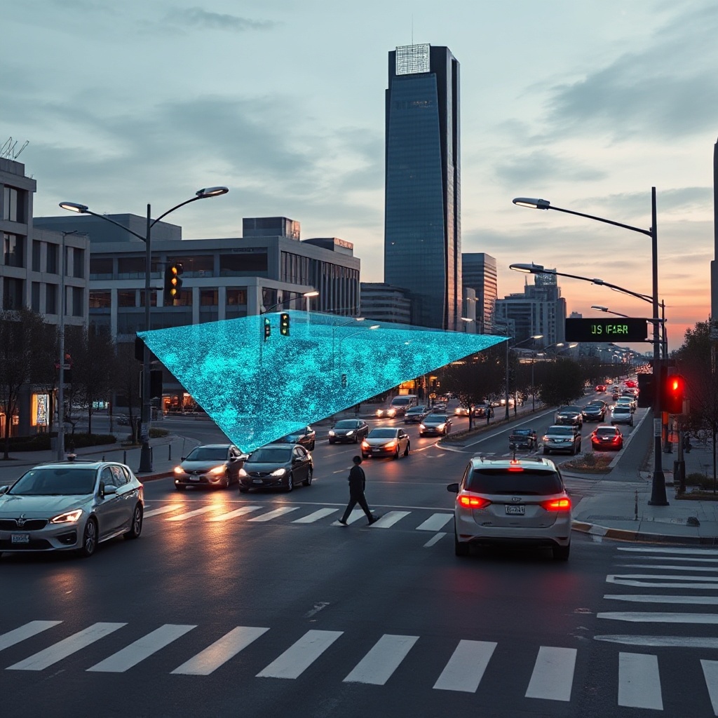 A futuristic city intersection with autonomous vehicles navigating through traffic, featuring visible LiDAR sensors mounted on streetlights and vehicles. The image shows colorized point cloud data overlays illustrating how the AI-powered LiDAR systems are perceiving and processing the environment in real-time. The scene is captured at dusk with modern architecture and includes pedestrians crossing the street safely as the systems track their movements.