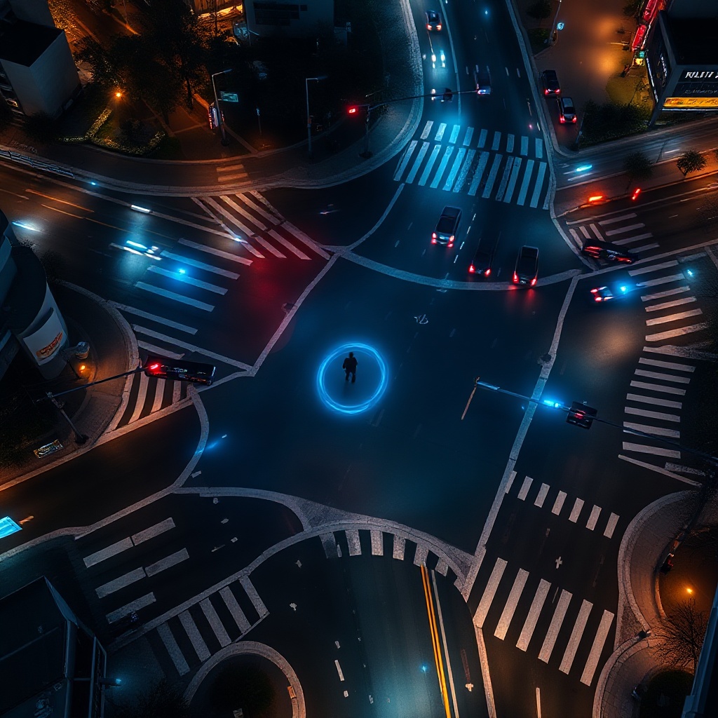 A rural mountain road with a vehicle driving through a remote area. Visible satellite signals illustrated as subtle light beams connecting to the vehicle and nearby minimal infrastructure. Small emergency beacons are visible along the roadside, representing the extension of safety technology to remote regions.