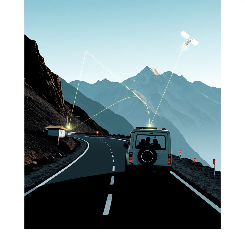  A rural mountain road with a vehicle driving through a remote area. Visible satellite signals illustrated as subtle light beams connecting to the vehicle and nearby minimal infrastructure. Small emergency beacons are visible along the roadside, representing the extension of safety technology to remote regions.