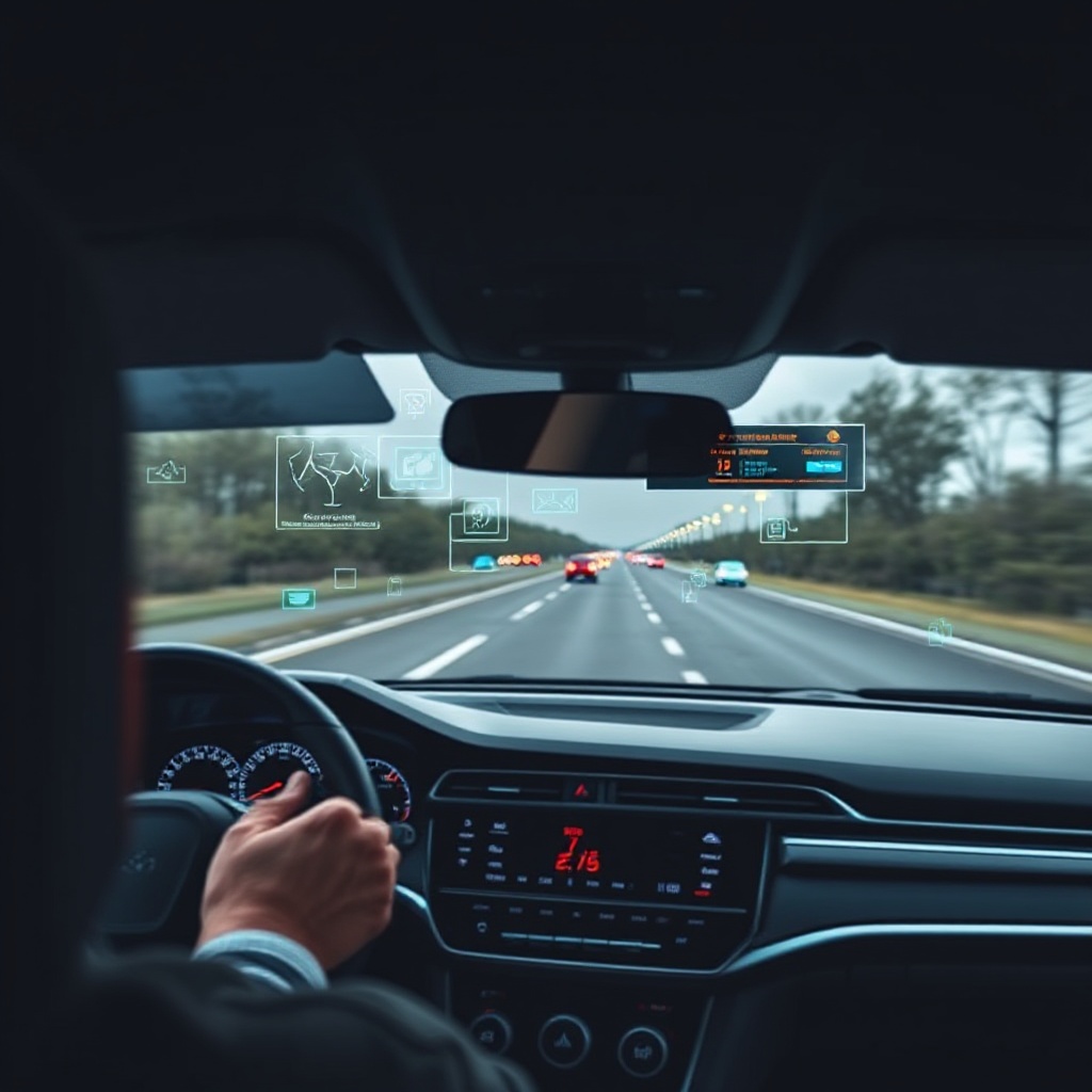  A close-up view of a modern vehicle dashboard showing advanced driver assistance features. Through the windshield, potential hazards on the road ahead are highlighted with digital overlays, demonstrating how AI predictive systems identify and alert drivers to dangers before they become visible to the human eye.