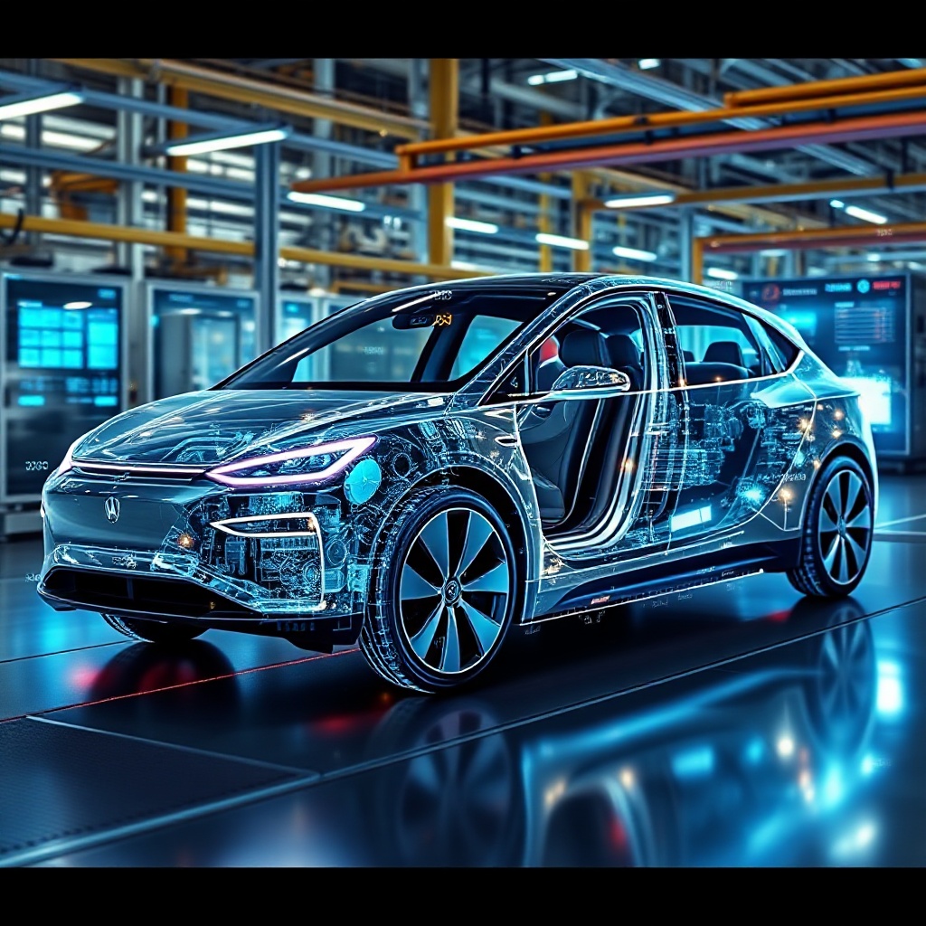 A photorealistic split-view visualization showing a high-end electric vehicle with one half displayed as a physical car and the other half revealed as a transparent digital twin overlay with glowing data points, component highlights, and real-time performance metrics flowing around it. The image should show the digital twin actively collecting and processing data while the vehicle operates in an advanced manufacturing facility environment.