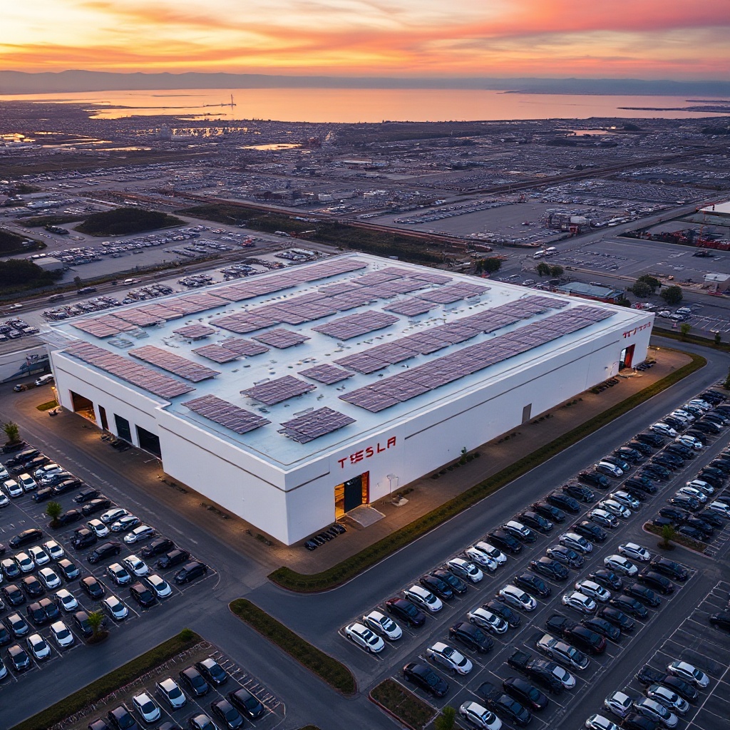 An aerial view of Tesla's Fremont factory in Silicon Valley at sunset, showing the massive manufacturing facility with solar panels on the roof, surrounded by parking lots filled with newly produced electric vehicles ready for delivery, with the San Francisco Bay visible in the background.