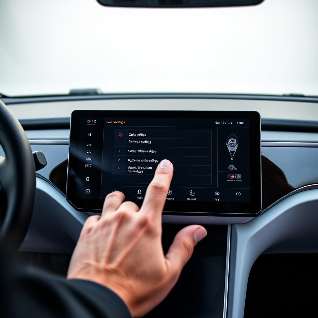 A close-up of a Tesla vehicle's large center touchscreen display showing the software interface, with a hand touching the screen to update settings, demonstrating the software-first approach that differentiates Silicon Valley EVs from traditional automobiles.