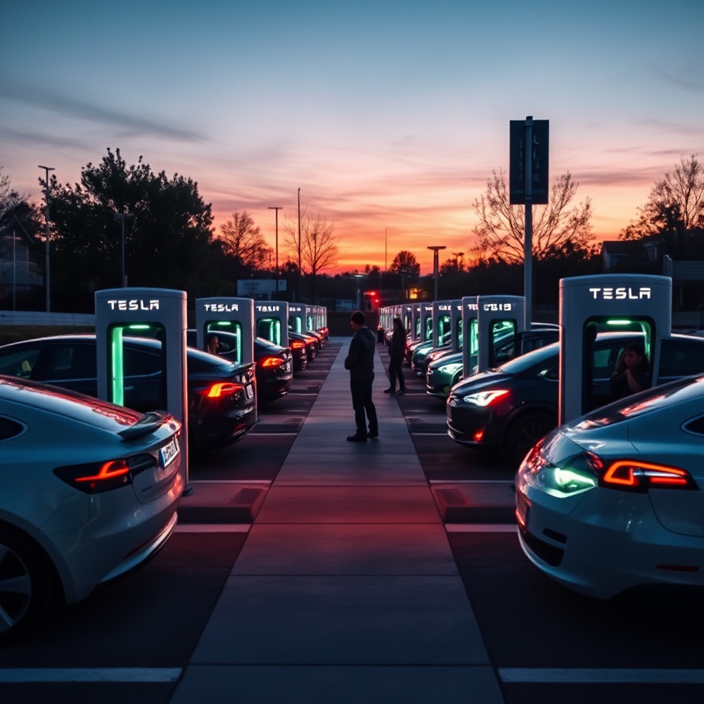 A dramatic wide-angle shot of a Tesla Supercharger station at dusk with multiple vehicles charging, their charging ports illuminated with glowing LED lights, and drivers interacting casually nearby, illustrating the new social infrastructure created by EV adoption.