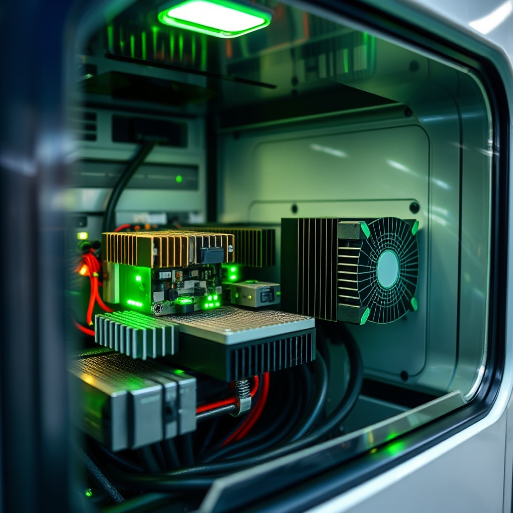 A close-up, detailed view of a modern electric vehicle charging station using GaN technology, showing the compact power electronics components inside a partially translucent housing. The image should highlight the size comparison between traditional silicon-based components and newer GaN components, with visible heat sinks and cooling systems that are noticeably smaller in the GaN section. The technology should appear advanced and cutting-edge with a clean, high-tech aesthetic.