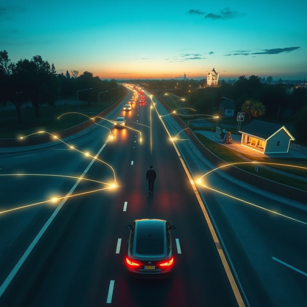 An aerial view of a connected car ecosystem showing a vehicle on a highway with visual digital connections (represented by glowing lines) extending to nearby smart city infrastructure, other vehicles, and to a smart home in the distance. The image should convey data flowing between these points in an aesthetically pleasing manner.