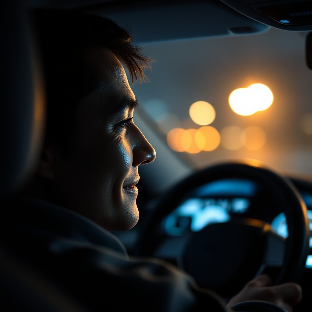 A close-up shot of a driver's face illuminated by the soft glow of a dashboard display, showing a relaxed expression while the car's AI system is visualized subtly in the reflection of their eyes. The vehicle interior should appear premium with minimal physical buttons, emphasizing the software-defined nature of modern vehicles.