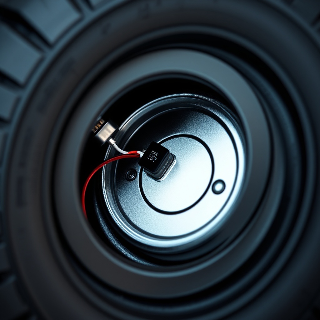 Close-up of a modern tire with a next-generation TPMS sensor being installed inside the tire liner, showing the miniaturized electronics and battery components. The sensor should be sleek, compact, and high-tech looking against the rubber interior of the tire.