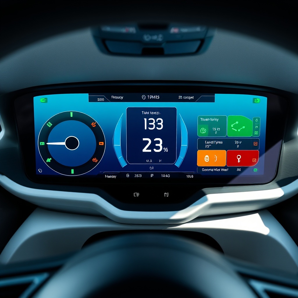 A digital dashboard display in a modern electric vehicle showing real-time TPMS data including tire pressure, temperature, and predictive wear indicators for all four tires. The display should feature colorful graphics with green indicators for healthy tires and warning indicators for potential issues.