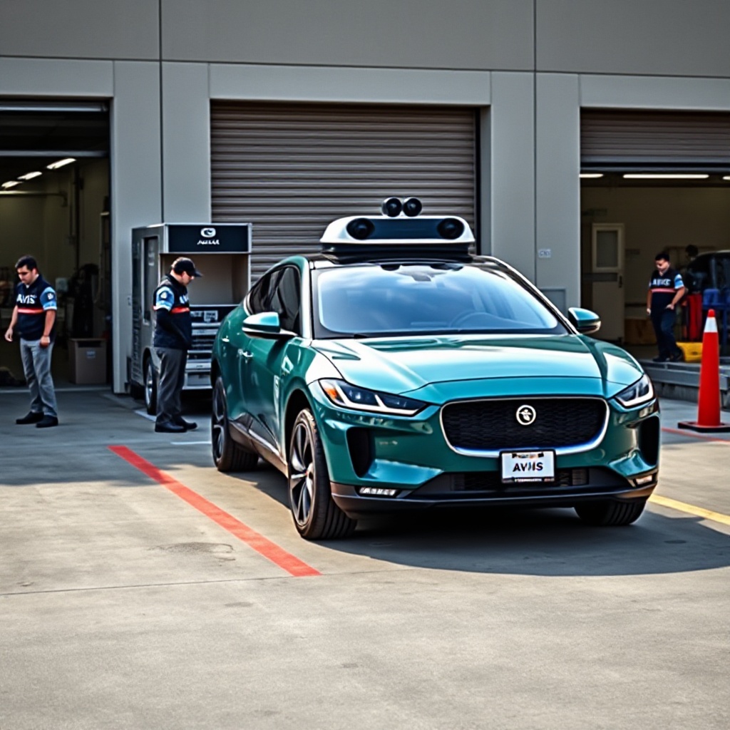 An electric Jaguar I-Pace with Waymo's distinctive autonomous vehicle technology (dome sensors and side cameras) parked at an Avis fleet management depot in Dallas, with maintenance staff in Avis uniforms preparing vehicles. The image captures the intersection of high-tech autonomous vehicles and traditional fleet management in a modern urban setting.