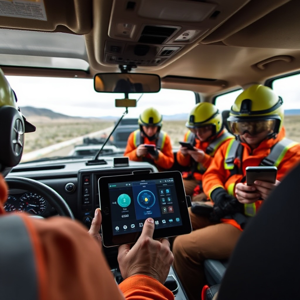 A close-up view of rescue workers using a tablet connected to an Aito M9's satellite hotspot during an emergency simulation. The dashboard display shows the satellite connection active, while outside the vehicle, multiple team members are accessing critical information on their devices in a remote area with no visible cellular towers.