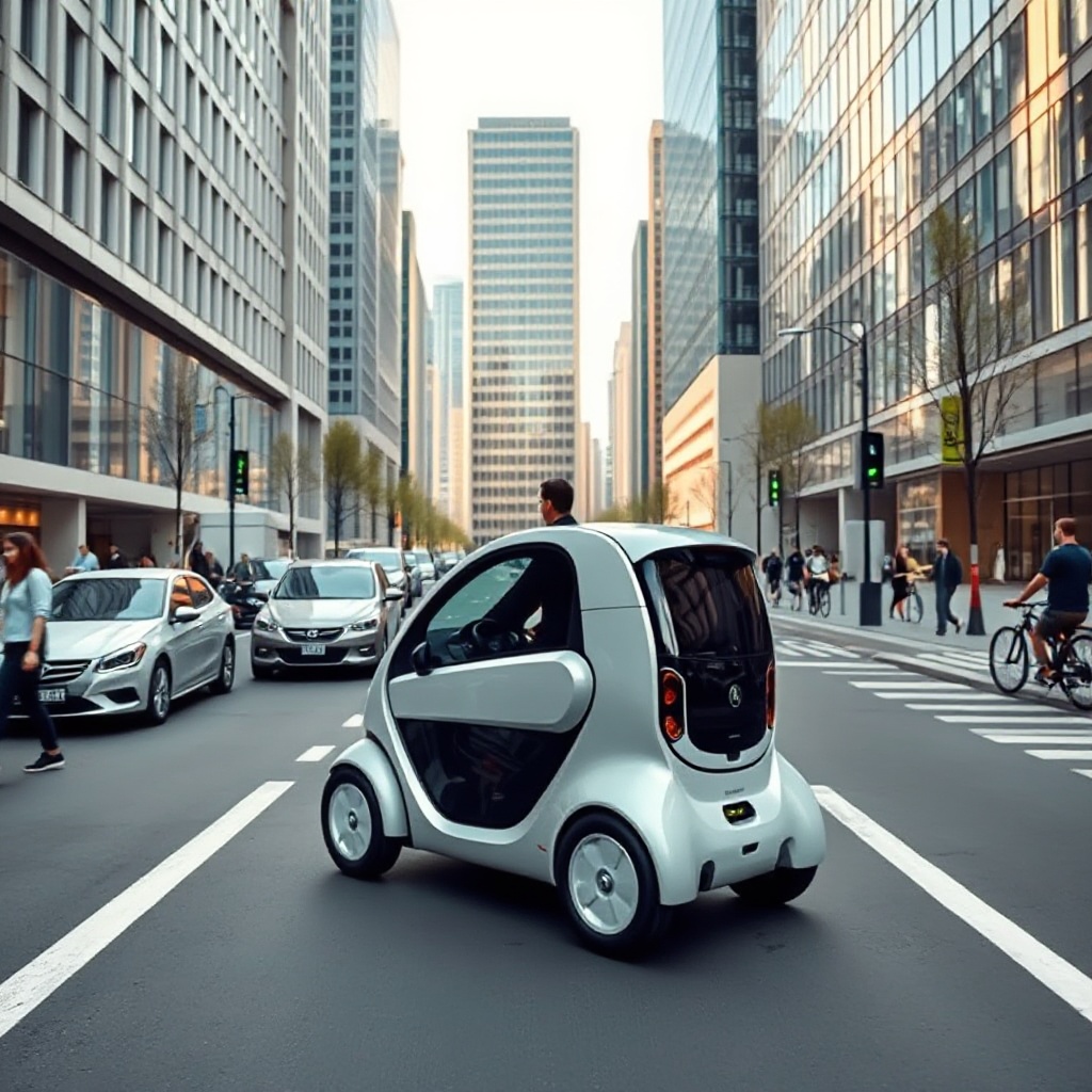 A sleek, compact electric microcar navigating through a dense urban environment with modern buildings in the background. The vehicle should be shown easily maneuvering between larger vehicles and fitting into a small parking space, highlighting its space efficiency in city settings. The scene should depict a clean, forward-looking urban landscape with pedestrians, cyclists, and the microcar sharing the space harmoniously.