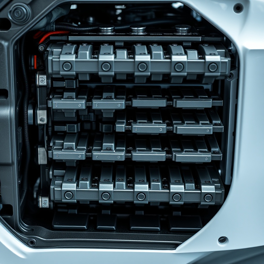 A close-up, detailed view of a modern BMW electric vehicle high-voltage battery pack with its protective casing partially removed, revealing the precisely arranged prismatic battery cell modules with visible connection points and cooling channels. The sophisticated arrangement of components should be visible, highlighting the engineering complexity of modern EV battery systems.