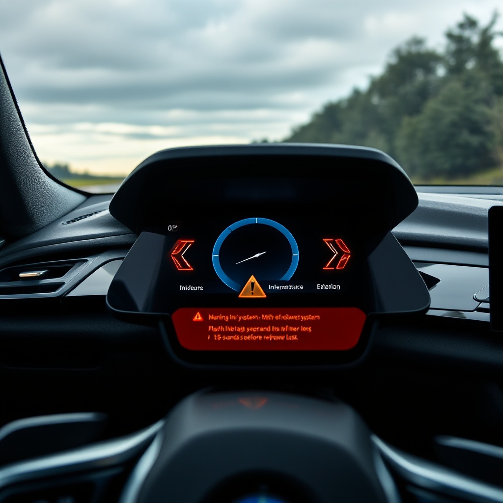 A BMW electric vehicle displaying a warning symbol on its dashboard, showing the high-voltage system error notification that appears 15-20 seconds before power loss. The car should be positioned on a road to convey the potentially dangerous situation of sudden power loss during driving. The interior should feature the distinctive BMW curved display showing warning indicators illuminated.
