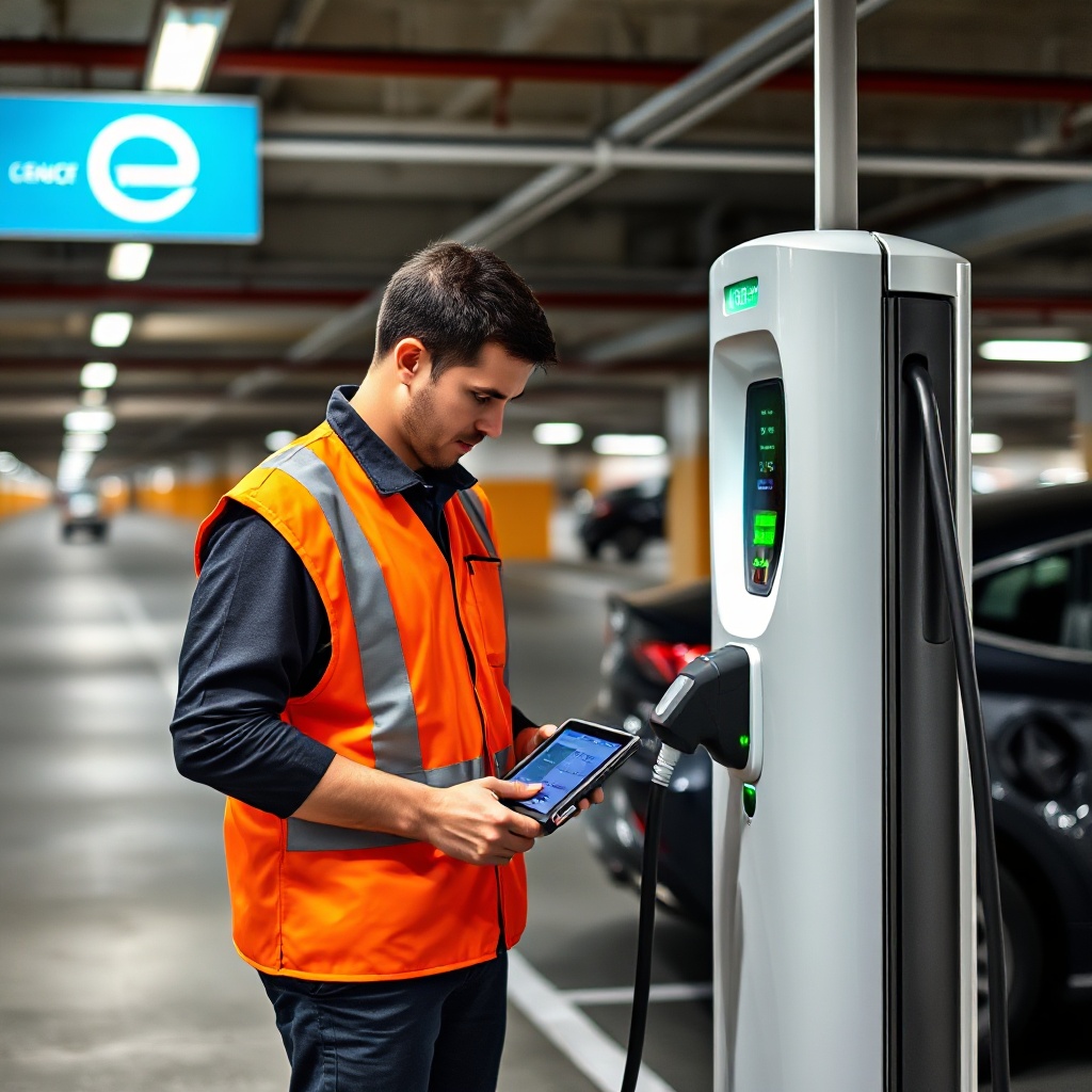 A ChargePoint technician in uniform performing a routine maintenance check on a sleek EV charging station in a busy parking garage. The technician is cleaning the charging connector while diagnostic equipment is connected to the station, with an electric vehicle partially visible in the background.