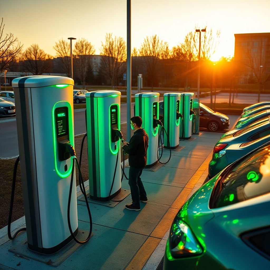 A wide-angle view of multiple EV charging stations in a public area during golden hour lighting, showing clean, well-maintained equipment with status lights glowing green, demonstrating the results of preventative maintenance. Several electric vehicles are connected and charging successfully.