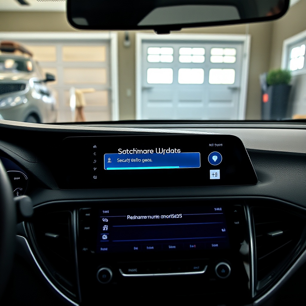 A modern vehicle dashboard displaying an over-the-air software update in progress, showing a progress bar and security verification symbols. The car's infotainment system is clearly visible with a 'Software Update in Progress' message while the vehicle is parked in a home garage setting.