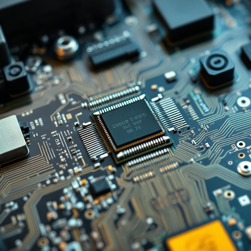 A close-up of a vehicle's electronic control unit (ECU) with visible security components and encryption hardware. The intricate circuit board should show multiple layers of protection with security chips prominently featured, representing the hardware foundations of automotive cybersecurity.