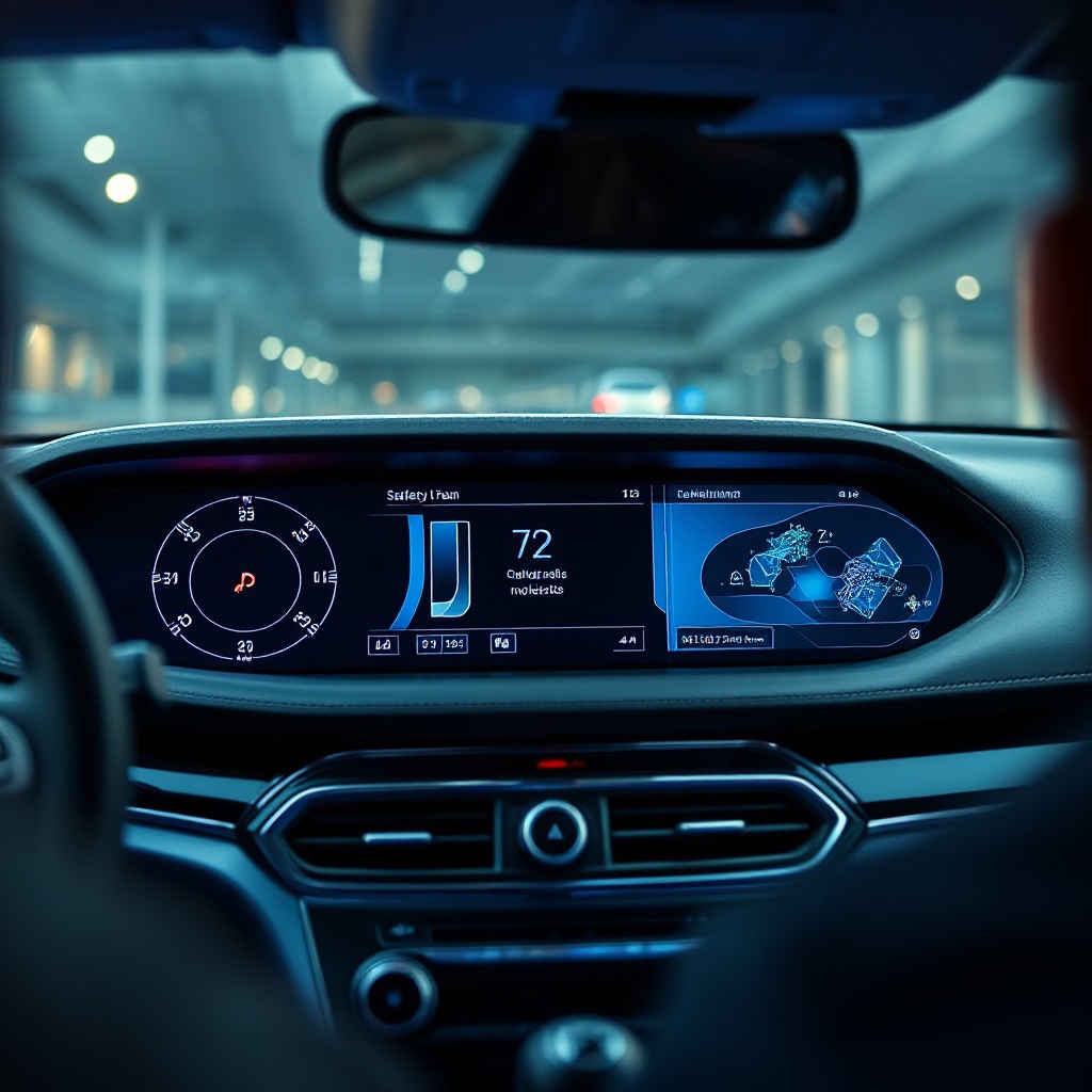 A close-up photograph of a modern automotive dashboard display running a safety-certified open-source operating system, with visible interface elements showing both infotainment features and safety-critical information. The display should be integrated within a premium vehicle cockpit with subtle ambient lighting, suggesting advanced technology while maintaining a professional appearance.