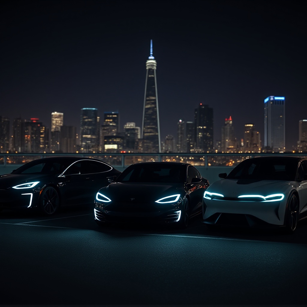 A dramatic nighttime scene showing a Lucid Air, Tesla Model S, and Rivian R1T parked side-by-side with their distinctive lighting signatures illuminated, highlighting the unique design language of each American EV manufacturer against a modern city skyline background.