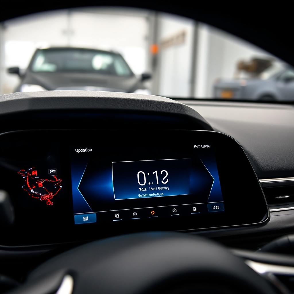 A close-up shot of a modern car dashboard with an alert notification for a software update prominently displayed on the infotainment screen. The notification should show an update countdown or timer, with the vehicle parked in a garage setting, suggesting the update process is about to begin.