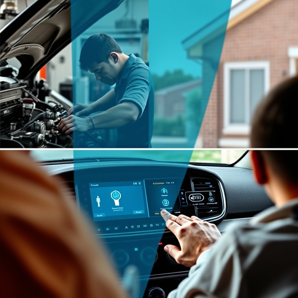 A split-screen image showing the evolution of car maintenance. On one side, a mechanic performing traditional maintenance on an engine; on the other side, a person in their driveway interacting with their vehicle's touchscreen to install a software update, with visual indicators of data being transferred to the vehicle.