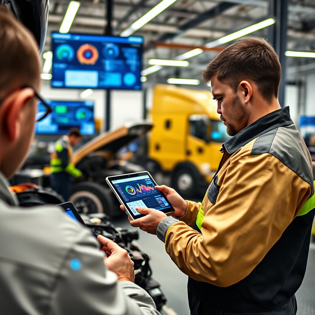 A modern fleet maintenance facility where technicians are working on vehicles with tablet devices showing diagnostic data. In the foreground, a technician is examining an engine while referencing real-time data on a tablet that displays colorful graphs and predictive maintenance alerts. The garage is clean, well-lit, and features multiple screens displaying fleet analytics dashboards with vehicle status information.
