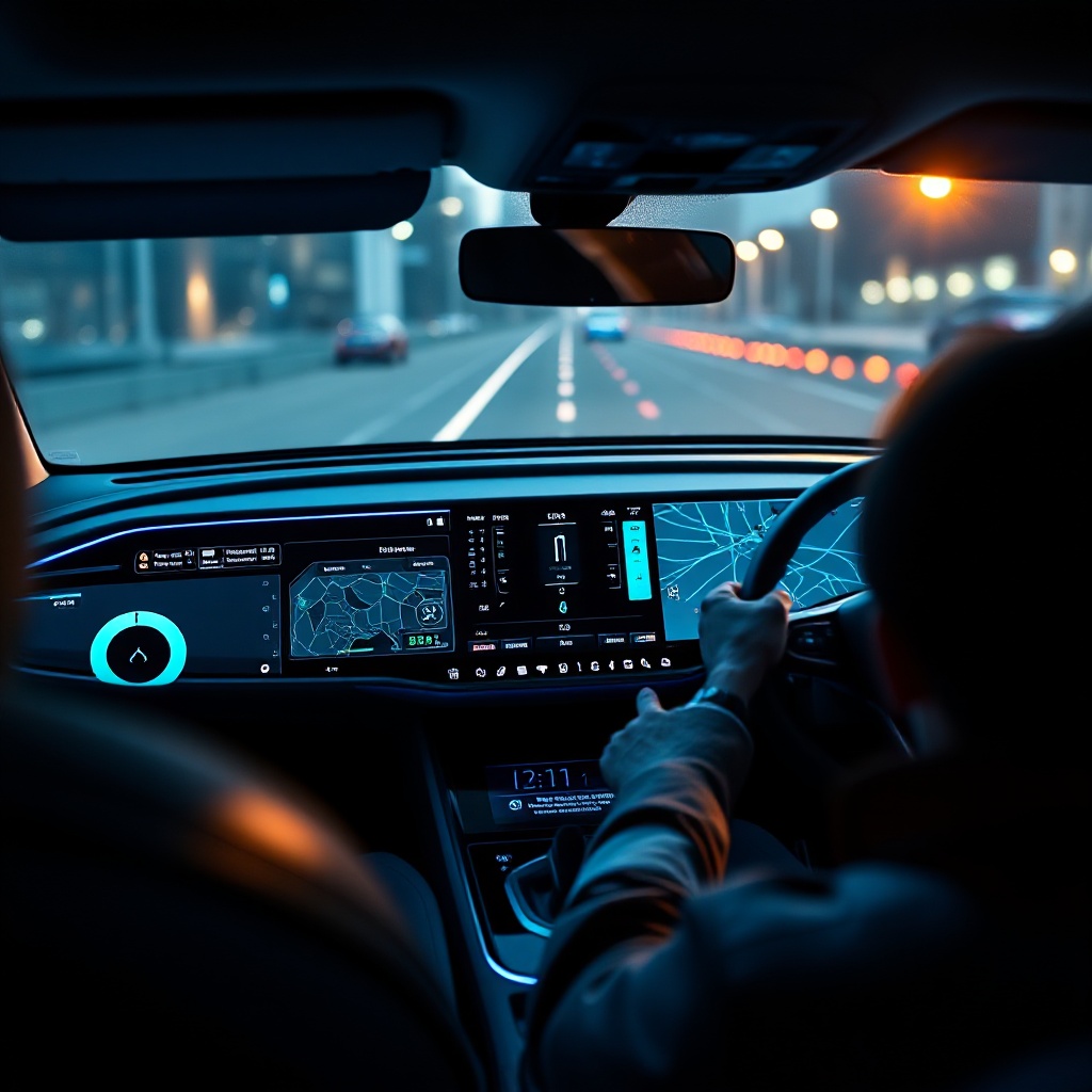 A modern vehicle dashboard displaying a futuristic AI-powered telematics interface with real-time data visualization, navigation mapping, and vehicle diagnostics. The interface shows battery health statistics for an electric vehicle, personalized driver information, and predictive maintenance alerts, all integrated into a sleek, user-friendly display with subtle blue and white lighting.
