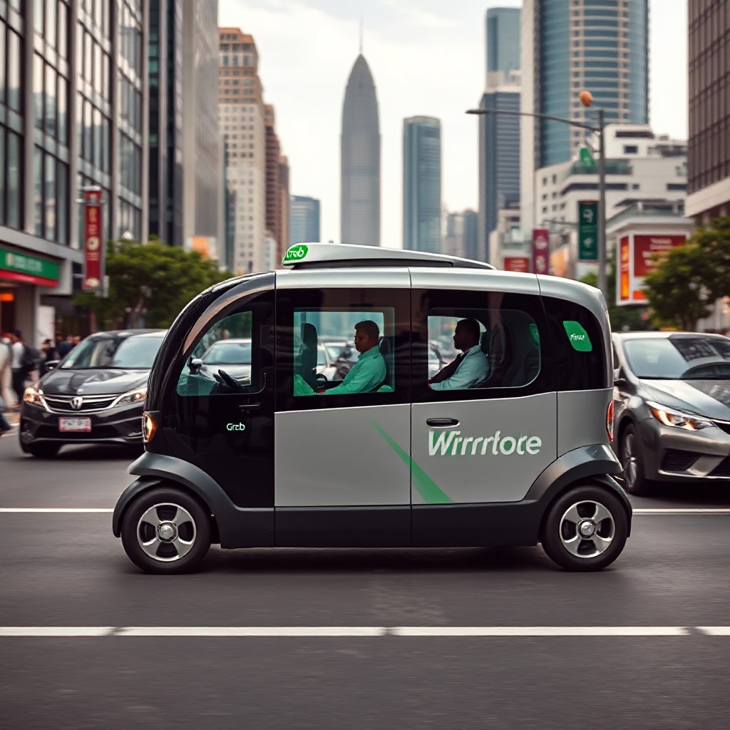 A sleek, modern WeRide robotaxi with Grab branding operating on a busy street in Singapore or Jakarta, with recognizable city landmarks in the background. The autonomous vehicle should be shown navigating through typical Southeast Asian traffic with passengers visible through the windows.