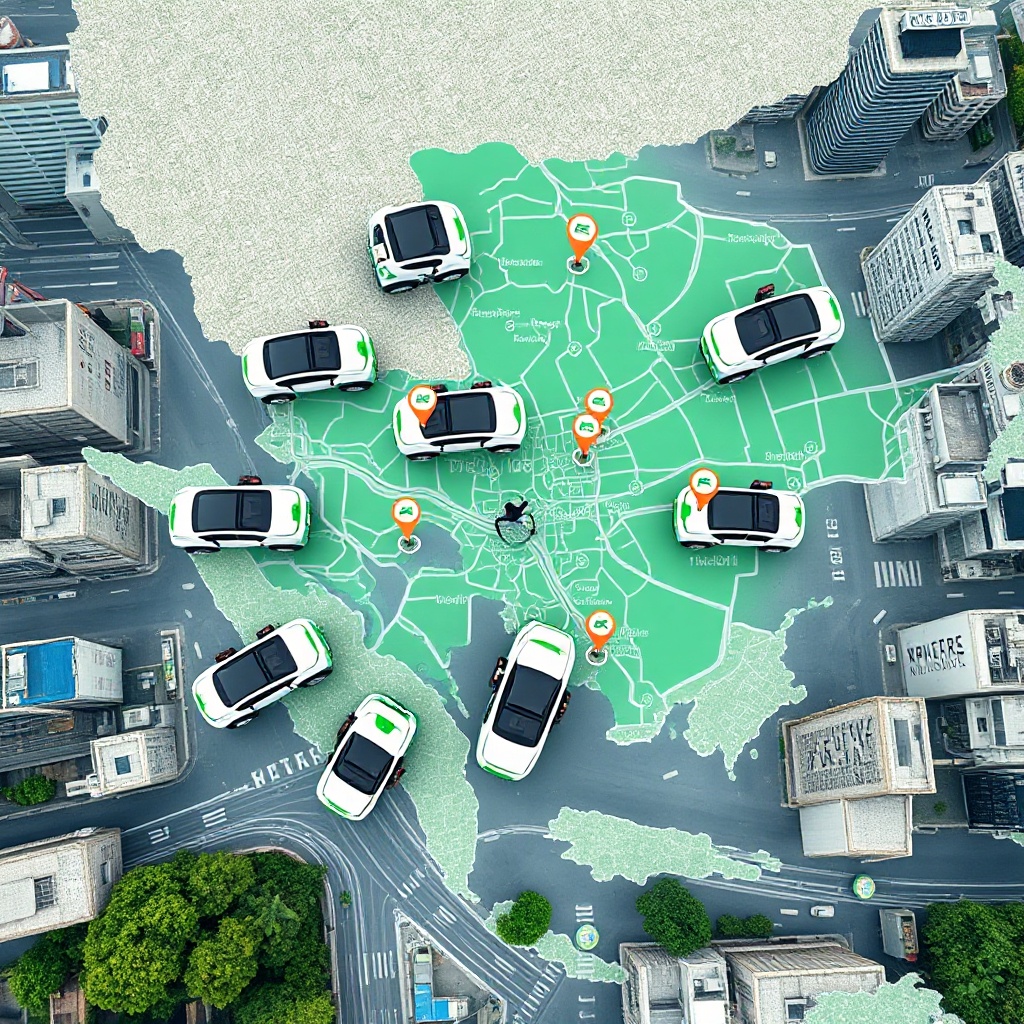 An aerial view showing multiple WeRide robotaxis integrated within Grab's app interface, depicting the vehicles spread across a Southeast Asian city map with pickup locations, highlighting the technological integration and scale of deployment across the urban landscape.