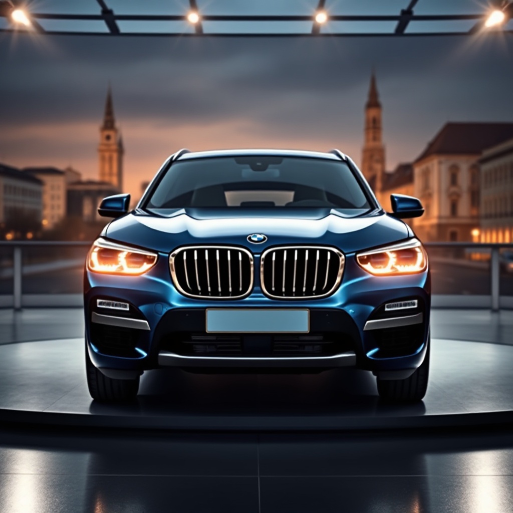 A front three-quarter view of the sleek BMW iX3 Neue Klasse in metallic blue, showcasing its aerodynamic profile, illuminated kidney grille, and distinctive LED headlights. The vehicle is positioned on a modern, minimalist platform with dramatic lighting against a Munich cityscape background, highlighting its sophisticated design elements and premium stance.
