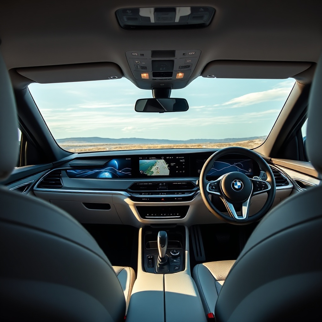 A detailed interior shot of the BMW iX3 Neue Klasse cockpit, featuring the curved display running BMW's next-generation operating system, minimalist dashboard with sustainable materials, ambient lighting, and the new-generation steering wheel. The image captures the spacious, technologically advanced cabin with premium materials and the panoramic glass roof allowing natural light to illuminate the interior.