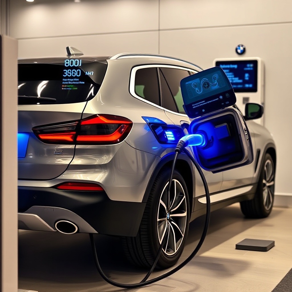 The BMW iX3 Neue Klasse plugged into a high-power charging station, with digital displays showing the 400kW charging rate and rapidly increasing range. The vehicle's charging port is illuminated with blue LED lighting, emphasizing the advanced 800V electrical architecture, with subtle graphics indicating the energy flow into the vehicle's battery system.
