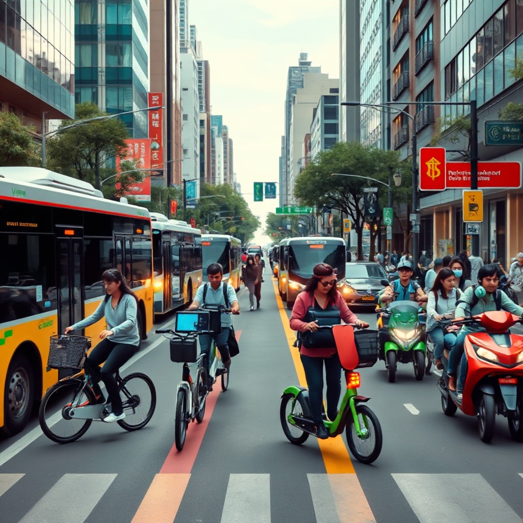 A vibrant city street scene showing multiple integrated transportation modes working in harmony - electric buses, shared bicycles, e-scooters, and ride-sharing vehicles - with people seamlessly transferring between services while using smartphones to access a mobility platform. The image should convey the modern, connected, and sustainable vision of urban mobility.
