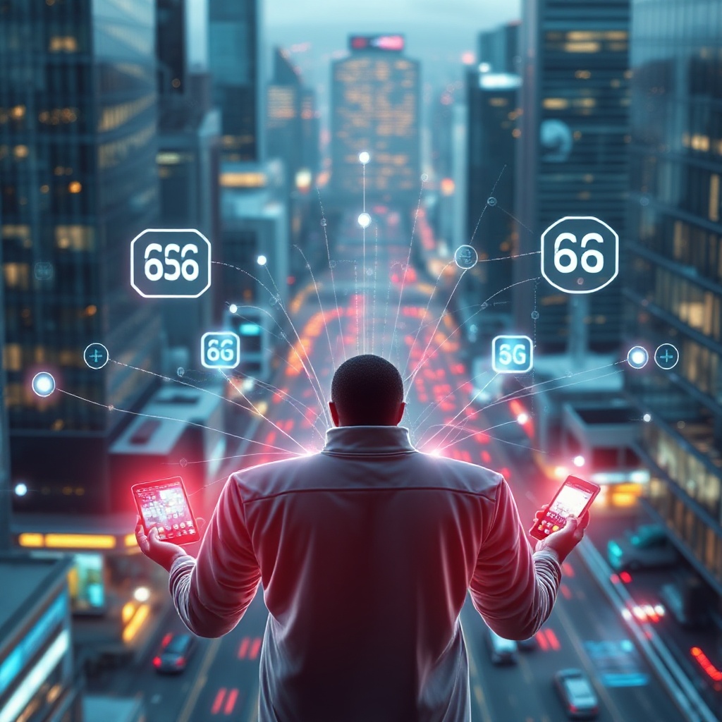 A futuristic visualization of 6G wireless technology showing invisible terahertz waves connecting various devices in a smart city environment. The image should depict multiple high-tech devices communicating seamlessly with each other, with subtle visual representation of data streams flowing through the air. The background should show a modern cityscape with integrated technology, representing the interconnected nature of future 6G networks.
