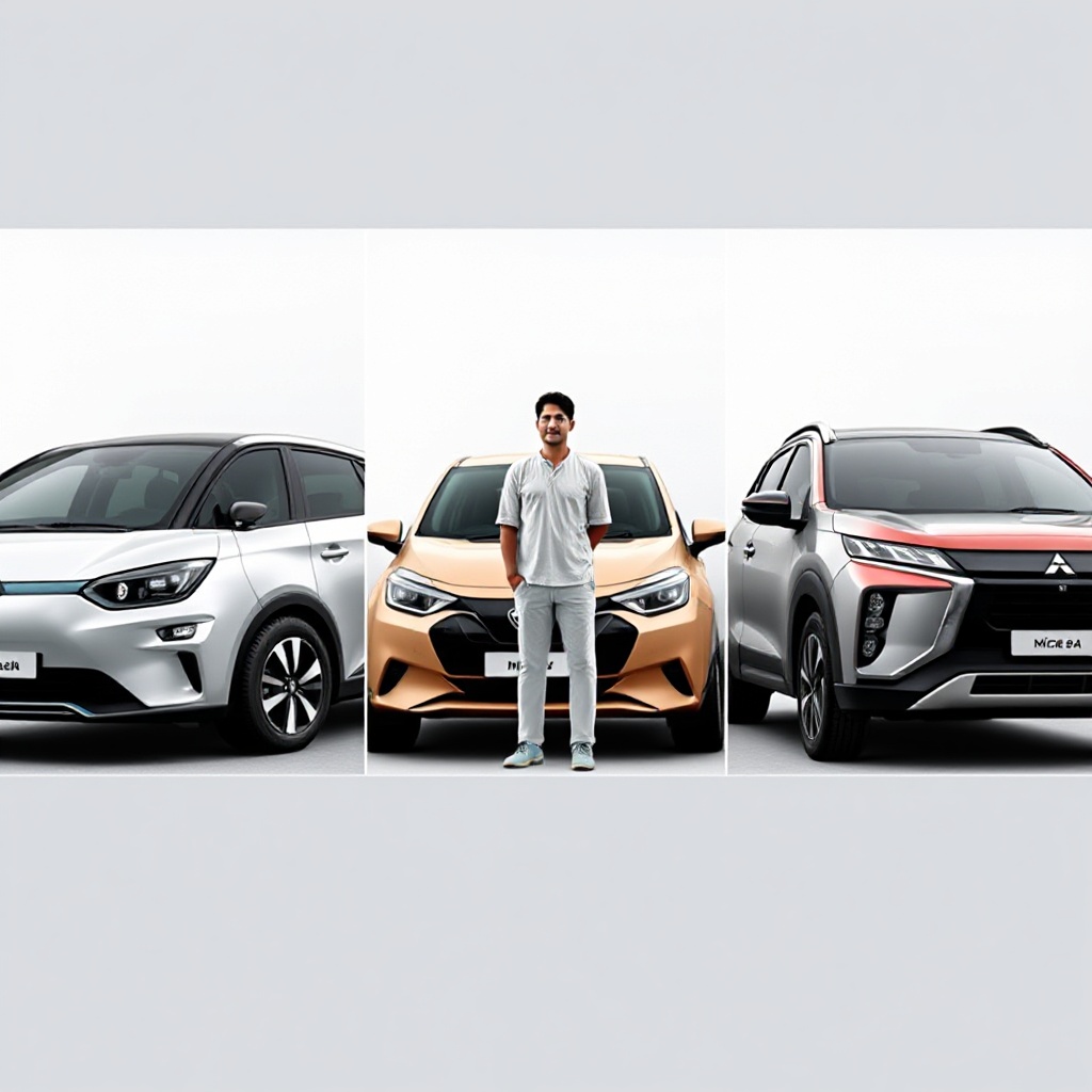 A side-by-side comparison of three different electric vehicles built on the same platform: the Renault 5 E-Tech Electric, Nissan Micra EV, and Mitsubishi Eclipse Cross BEV. The vehicles should be positioned at three-quarter angles to show their distinctive brand styling while suggesting their shared underpinnings. They should be placed against a minimalist background with subtle European architectural elements, suggesting their European manufacturing origin.